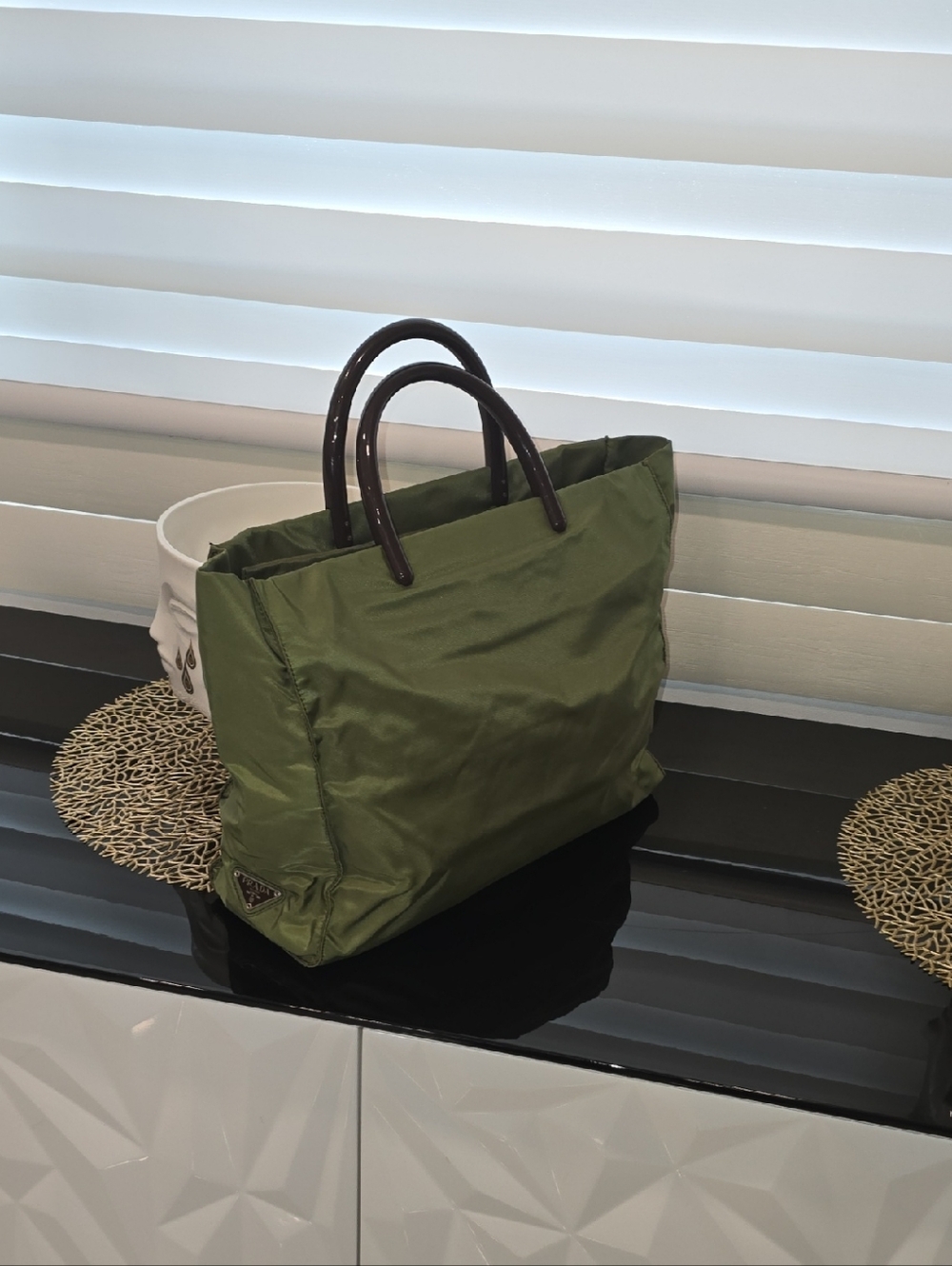 Prada Olive Green Nylon Tote with Dark Brown Handles